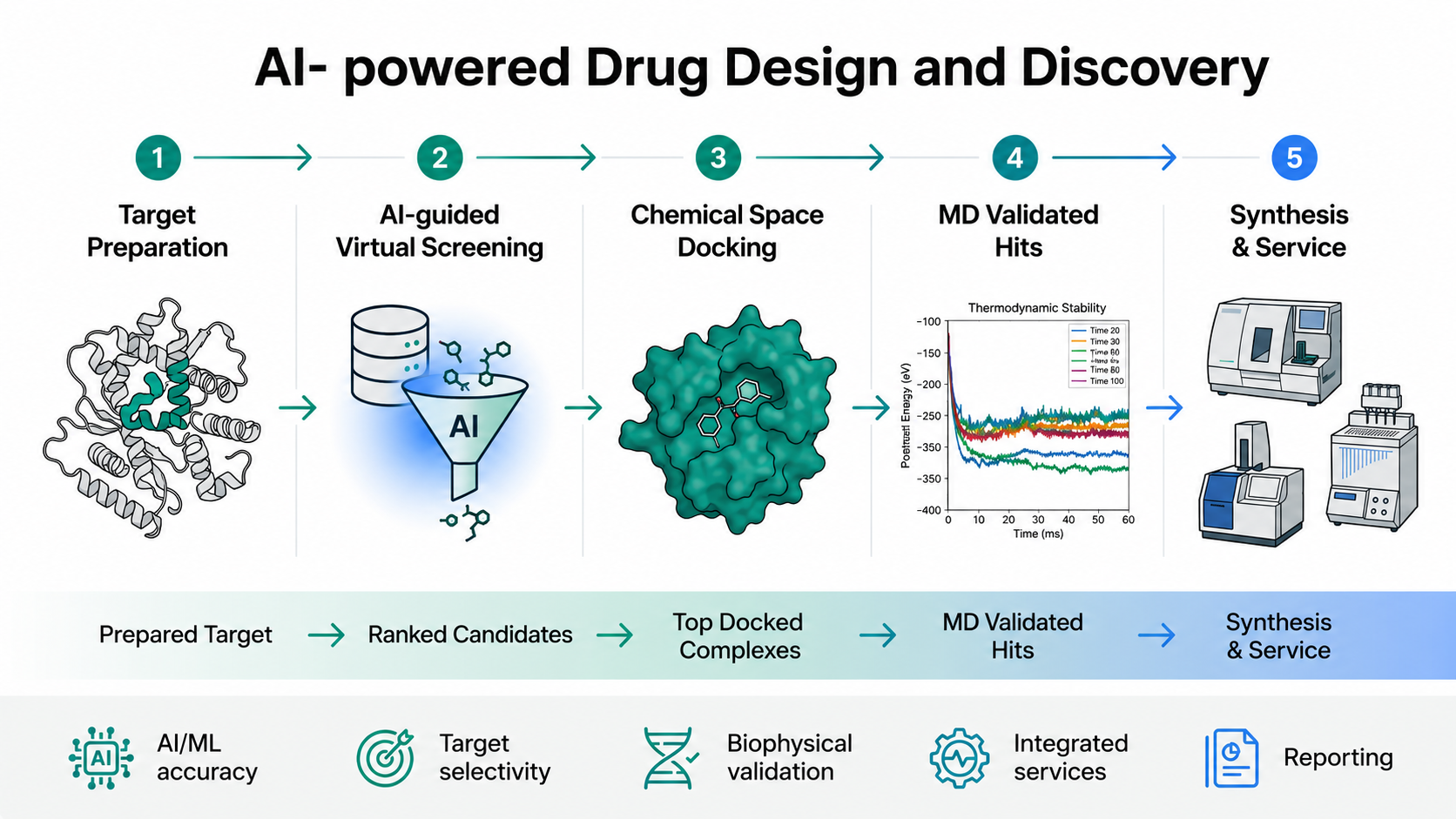 Five-step AI-powered drug discovery pipeline: Target Preparation, AI-guided Virtual Screening, Chemical Space Docking, MD Simulation Validation, and Biophysical Studies